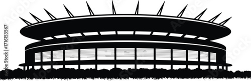 Black and white stadium silhouette, modern sports arena illustration, architectural landmark design, circular roof structure, vector art, isolated on white background