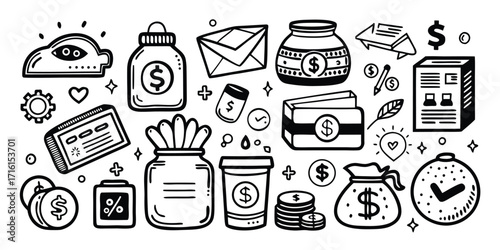 Finance and banking icons hand drawn doodles finance money savings investment growth planning