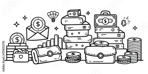 Finance and banking elements collection featuring money coins briefcases and growth charts