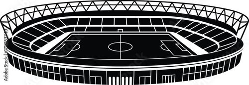 Black and white soccer stadium illustration, modern football arena design, architectural sports venue, circular roof structure, vector art, isolated minimal style, field layout