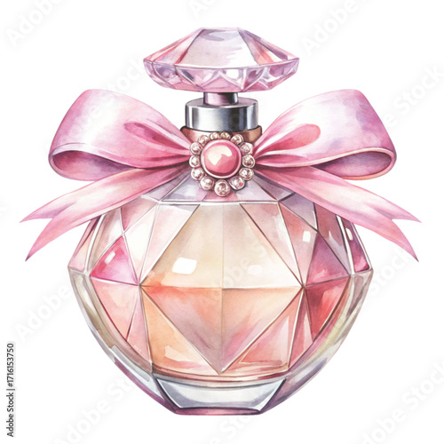 A watercolor illustration of a luxury pink crystal perfume bottle clipart watercolor 