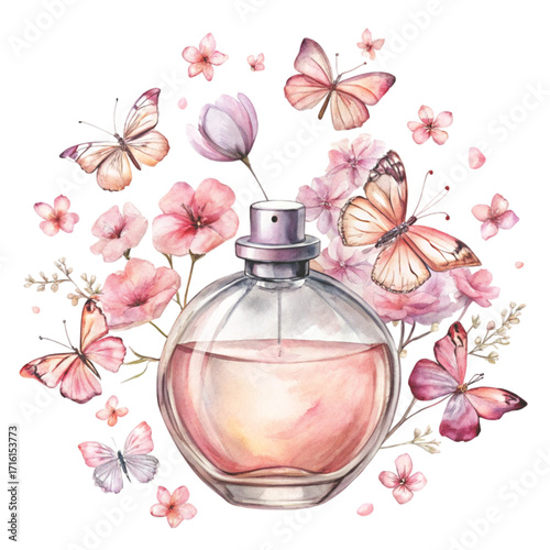 A watercolor illustration of a luxury pink crystal perfume bottle clipart watercolor 