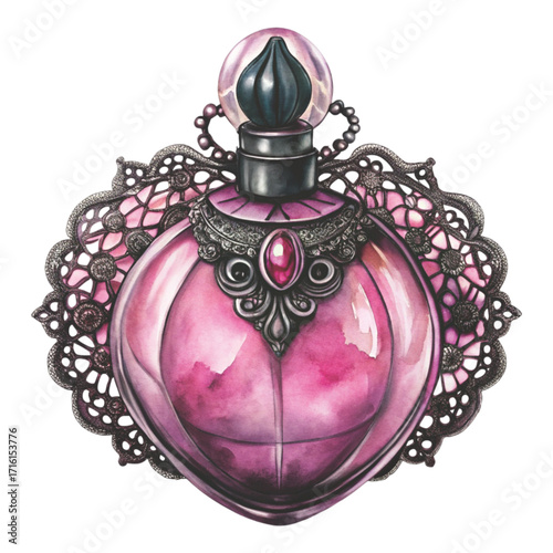 A watercolor illustration of a luxury pink crystal perfume bottle clipart watercolor 