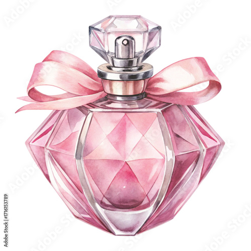 A watercolor illustration of a luxury pink crystal perfume bottle clipart watercolor 