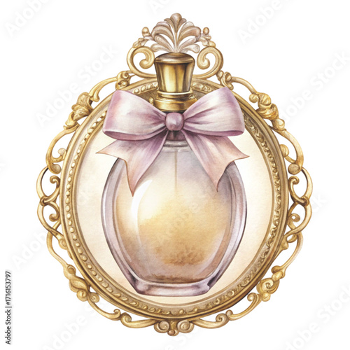 A watercolor illustration of a luxury pink crystal perfume bottle clipart watercolor 