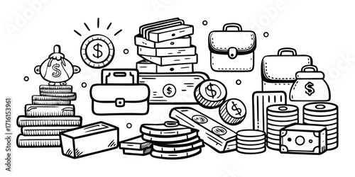 Finance and banking money collection stacked coins briefcases and gold bars hand drawn style