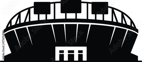 Black and white stadium silhouette, modern sports arena illustration, architectural landmark, vector art, isolated minimal style, exterior view with billboard screens, event venue
