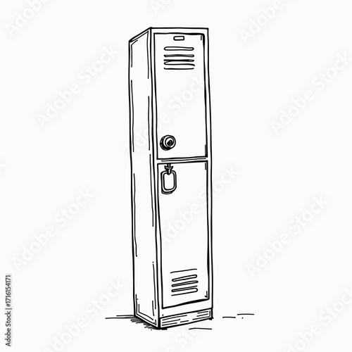 Sketch of a tall metal locker with a closed door and lock  