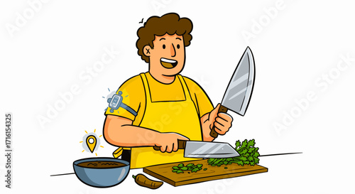 Happy Chef Chopping Herbs Delicious Culinary Illustration
