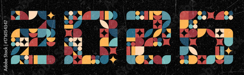 2026 year greeting card design. Abstract colorful new year 2026 celebration poster with geometric numbers, creative postcard template. Vector illustration. Retro Colors from the 1970s 1980s, 70s, 80s,