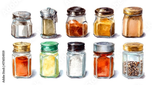 Fototapeta Naklejka Na Ścianę i Meble -  A collection of ten spice jars in various shapes and sizes, featuring different spices like salt, pepper, and paprika, with colorful lids