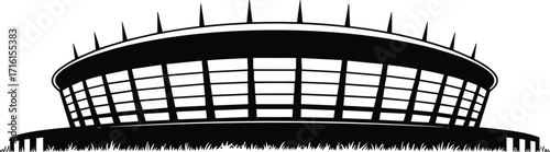 Black and white stadium silhouette, modern sports arena illustration, elliptical roof structure, architectural landmark design, vector art, isolated minimal style, outdoor event venue