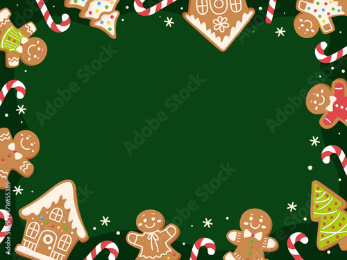 Christmas frame with candy canes, gingerbread men, Christmas trees, and houses. Vector holiday decor for greeting cards, invitations, posters, and seasonal projects. Green festive background.