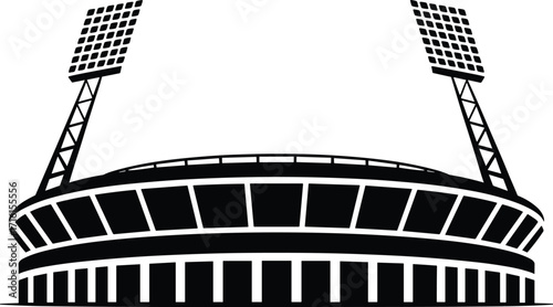 Black and white stadium silhouette, modern sports arena illustration, floodlight towers design, architectural landmark, vector art, isolated minimal style, event venue exterior view