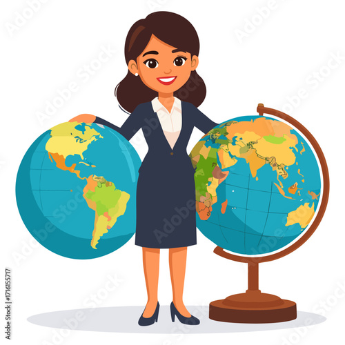 Cartoon woman holding two globes, one on a stand, wearing a suit.