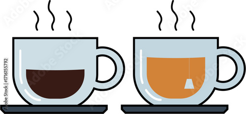 
Steaming Hot Beverages

Two steaming mugs sit on saucers. One mug contains dark coffee, while the other holds a light-brown tea with a teabag.