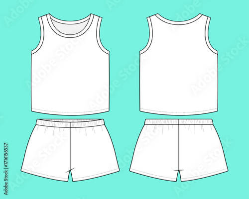 Baby Tank Top and Elastic Waist Shorts Set Fashion Flat Sketch Vector.