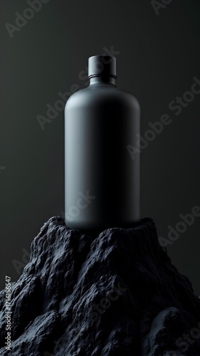 A matte black bottle stands on a rugged black rock against a dark background. This minimalist and masculine mockup is for luxury men's products.