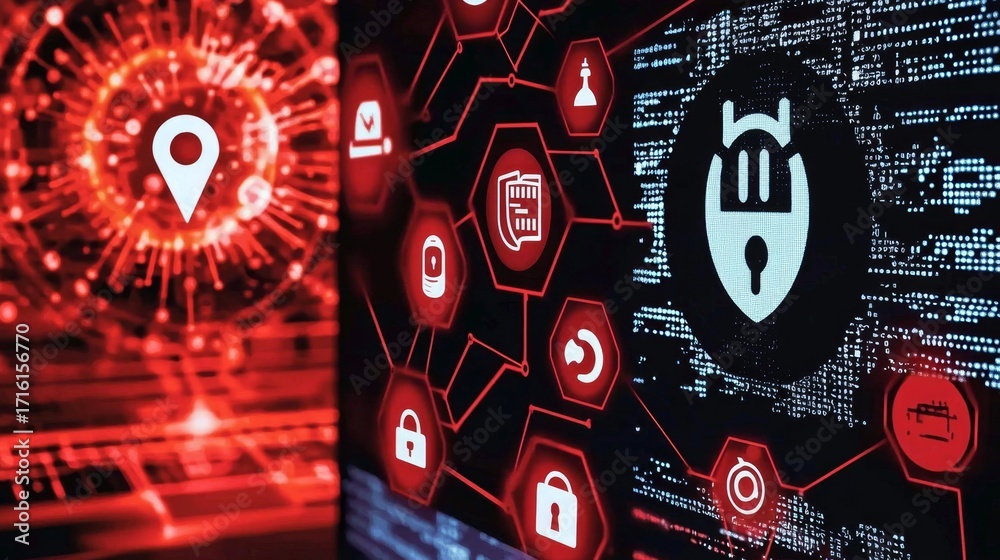 Fototapeta premium Icons indicate the presence of various cyber threats on a computer screen.