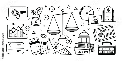 Finance banking law and business icons representing growth security and justice concepts