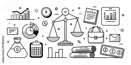 Financial balance scales graph money bag pie chart calendar business icons