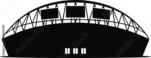Black and white stadium silhouette, modern sports arena illustration, lattice roof design, architectural landmark, vector art, isolated minimal style, billboard screens exterior view