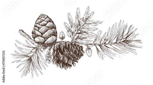 Detailed illustration of pine cones and pine branch with needles