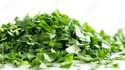 A compact pile of green leaves on a white surface, suitable for use in botanical or nature-themed designs