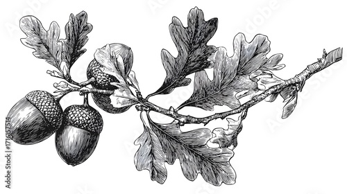 A detailed black and white illustration of an oak branch with leaves and acorns
