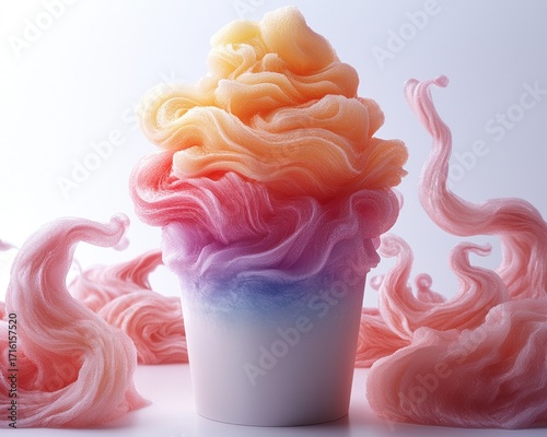Vibrant rainbow shaved ice in a cup, surrounded by swirling clouds of pastel pink and orange