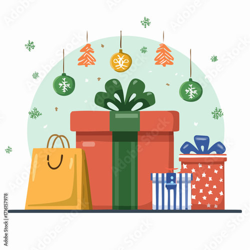 Festive Christmas Gifts and Shopping Bag Vector Illustration for Holiday Season