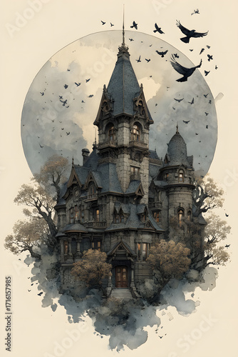 Gothic Victorian Mansion with Crow and Bare Tree for Spooky Halloween Background