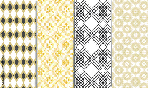 Elegant Geometric Patterns in Gold, Black, and White.Four seamless geometric patterns in a vertical arrangement.