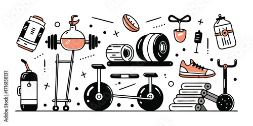 Fitness and gym equipment collection sketch style hand drawn workout items