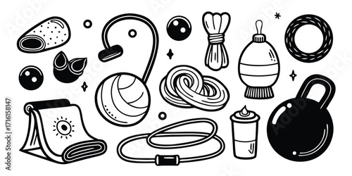 Collection of hand-drawn fitness equipment items for gym and home workouts