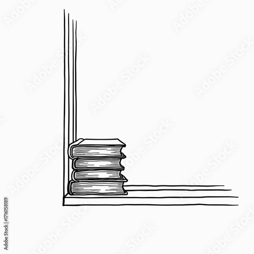 Stack of books on windowsill in minimalistic black and white style  