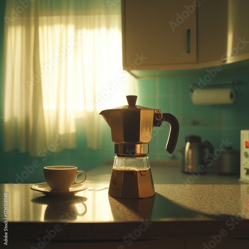 Wallpaper Mural Morning brew, Moka pot and cup in sunlit vintage kitchen setting Torontodigital.ca