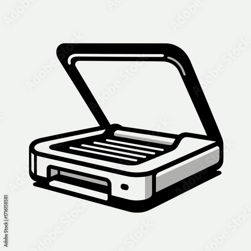 Scanner with open lid in minimalist black and white design  