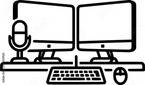 Streaming setup with dual monitors outline icon vector

