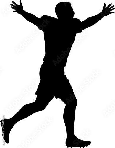 Football player celebrating with arms wide, running silhouette