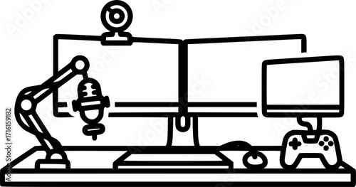 Streaming setup with dual monitors outline icon vector
