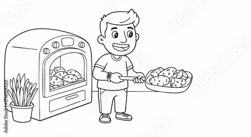 Boy Baking Delicious Potatoes in the Oven A Fun Coloring Page