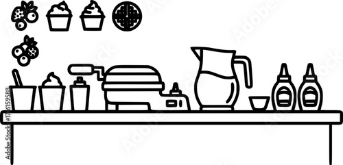 Waffle stand with batter pitcher and toppings outline icon vector
