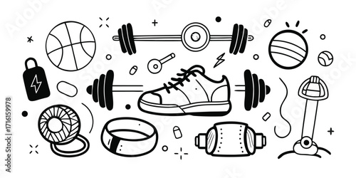 Fitness and gym equipment doodle collection basketball shoe barbell resistance bands dumbbell