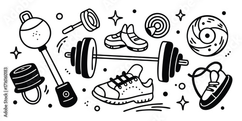 Doodle style fitness and gym equipment featuring dumbbell barbell shoes and weights