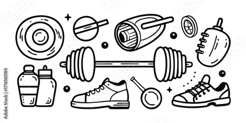 Fitness workout gear collection with dumbbells barbells shoes water bottles and more