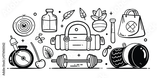 Hand drawn fitness and gym equipment icons for healthy lifestyle and workout motivation