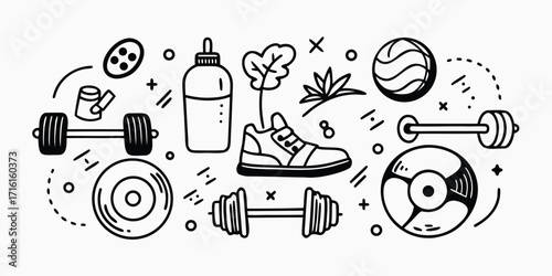 Hand-drawn fitness and gym equipment collage featuring dumbbells shoes balls and water bottle