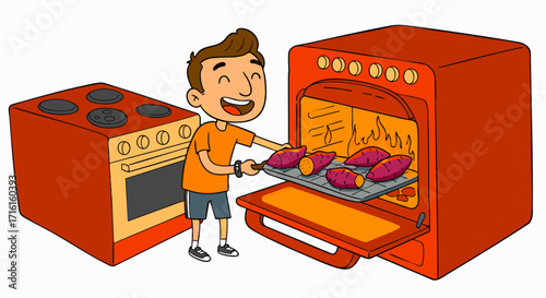 Cheerful boy taking a tray of freshly baked sweet potatoes out of a hot oven, home cooking illustration