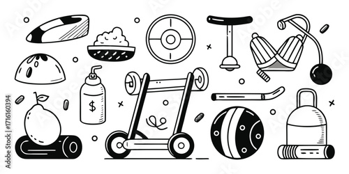 Collection of hand-drawn fitness equipment icons and accessories for gym and workout enthusiasts